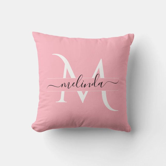 Girly Pink Black Monogram Calligrafie Naam Kussen (Voorkant)