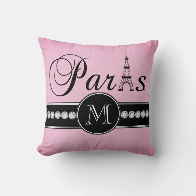 Girly Pink Black Paris Monogrammed Kussen (Voorkant)