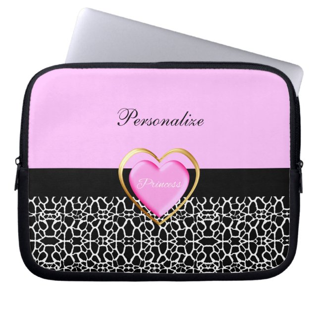 Girly Pink Black Princess Giraffe Print and Name Laptop Sleeve (Voorkant)