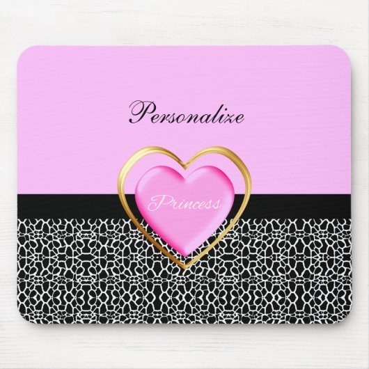 Girly Pink Black Princess Giraffe Print and Name Muismat (Voorkant)