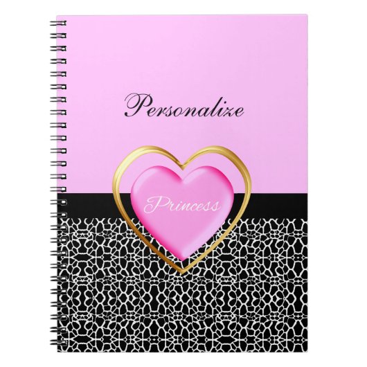 Girly Pink Black Princess Giraffe Print and Name Notitieboek (Voorkant)