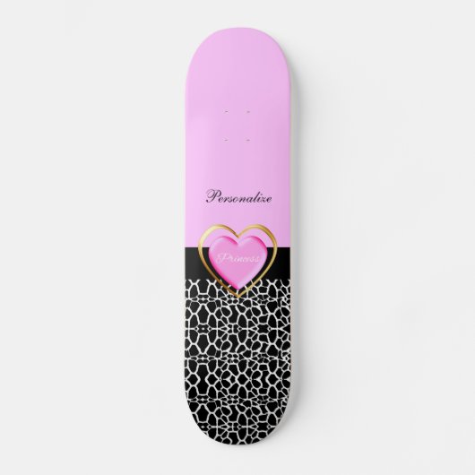 Girly Pink Black Princess Giraffe Print and Name Persoonlijk Skateboard (Voorkant)