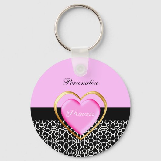 Girly Pink Black Princess Giraffe Print and Name Sleutelhanger (Voorkant)