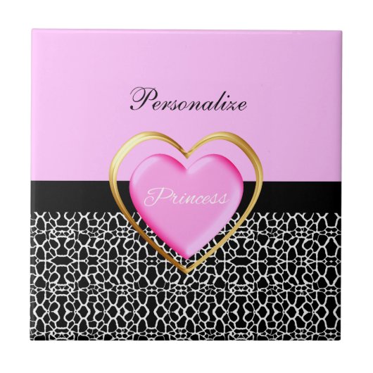 Girly Pink Black Princess Giraffe Print and Name Tegeltje (Voorkant)