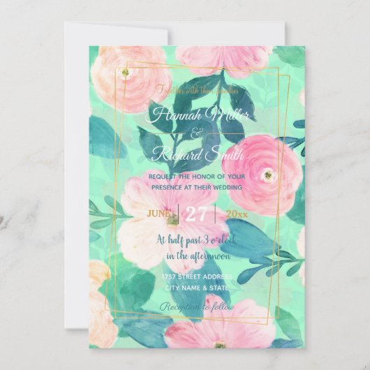 Girly Pink & Blauwgroen Floral Hand Paint Mint Des Kaart (Voorkant)