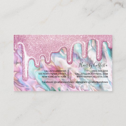 Girly Pink Blauwgroen Pearl Opal Glitter Druppelt  Visitekaartje (Achterkant)