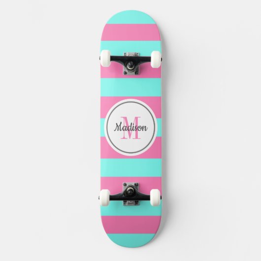 Girly Pink Blauwgroen Stripes Monogram op persoonl Persoonlijk Skateboard (Voorkant)