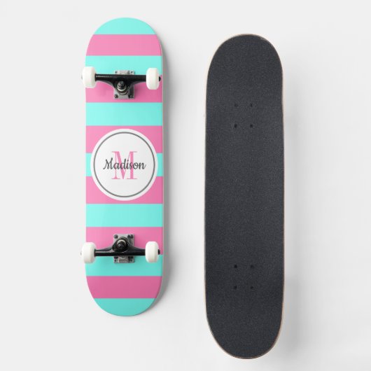 Girly Pink Blauwgroen Stripes Monogram op persoonl Persoonlijk Skateboard (Voorkant)