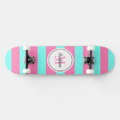 Girly Pink Blauwgroen Stripes Monogram op persoonl Persoonlijk Skateboard (Horizontaal)