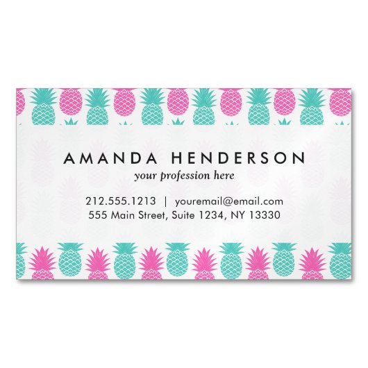Girly Pink Blauwgroen Tropisch Pineappelpatroon Magnetisch Visitekaartje (Voorkant)