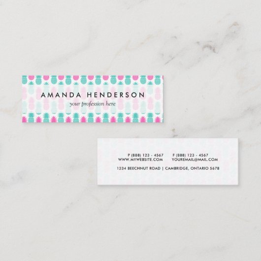 Girly Pink Blauwgroen Tropisch Pineappelpatroon Mini Visitekaartje (Voorkant / Achterkant)