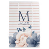 Girly Pink Blue Floral Monogram Name Striped Medium Cadeauzakje (Achterkant)