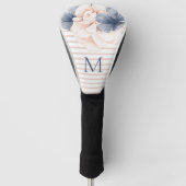 Girly Pink Blue Floral Monogram Striped Golfheadcover (Voorkant)
