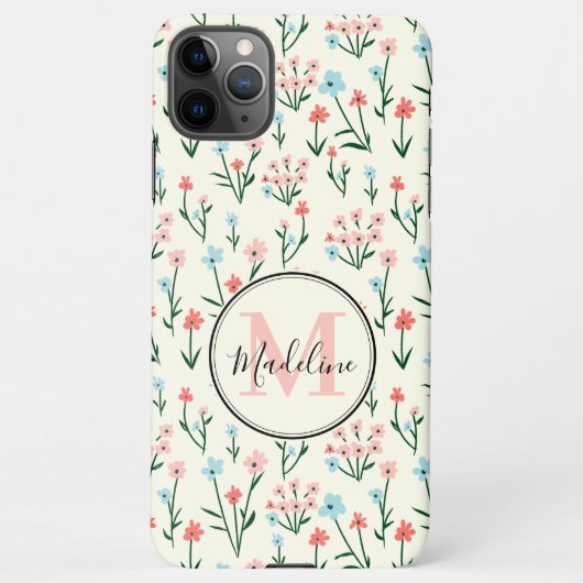 Girly Pink Blue Flowers Pattern Elegant Monogram iPhone Hoesje (Achterkant)
