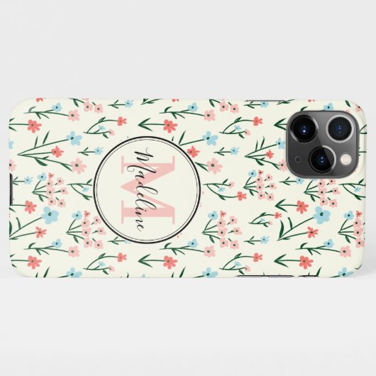 Girly Pink Blue Flowers Pattern Elegant Monogram iPhone Hoesje (Achterkant horizontaal)