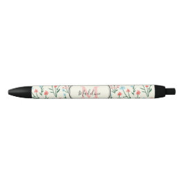 Girly Pink Blue Flowers Pattern Elegant Monogram Zwarte Inkt Pen