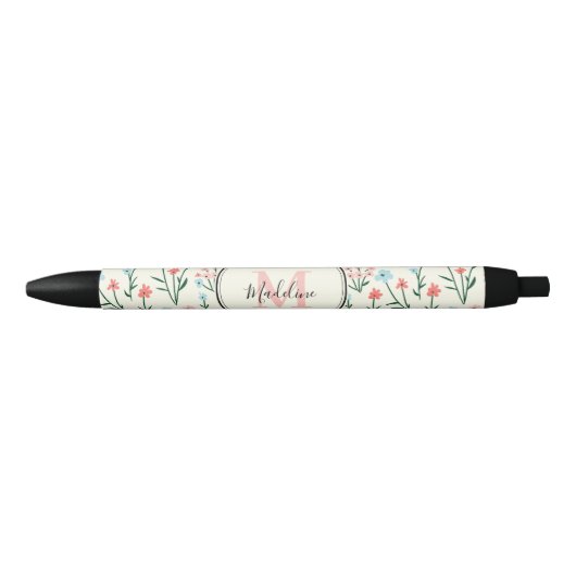 Girly Pink Blue Flowers Pattern Elegant Monogram Zwarte Inkt Pen (Voorkant)