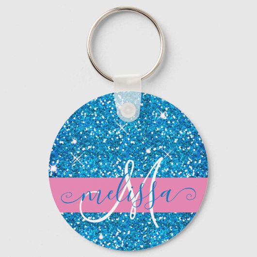 Girly Pink Blue Glitter Sparkles Monogram Sleutelhanger (Voorkant)