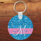 Girly Pink Blue Glitter Sparkles Monogram Sleutelhanger (Voorkant)