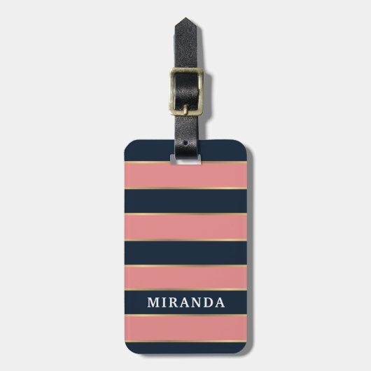 Girly Pink Blue Gold Stripe Patroonnaam Bagagelabel (Voorkant verticaal)