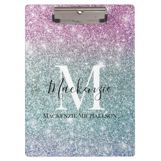 Girly Pink Blue Paars Glitter Monogram Naam Klembord (Voorkant)