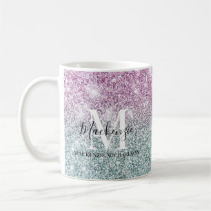 Girly Pink Blue Paars Glitter Monogram Naam Koffiemok