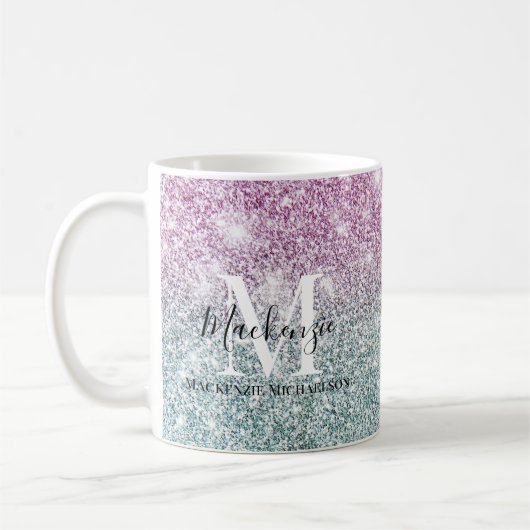 Girly Pink Blue Paars Glitter Monogram Naam Koffiemok (Links)