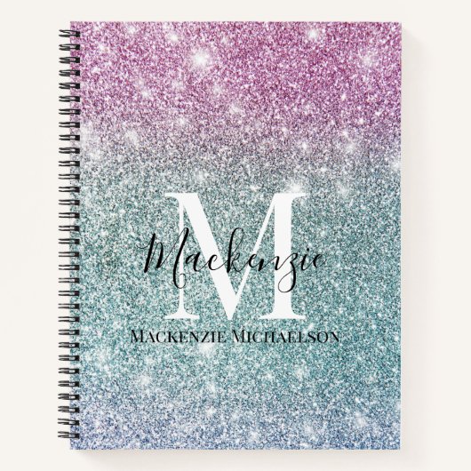 Girly Pink Blue Paars Glitter Monogram Naam Notitieboek (Voorkant)