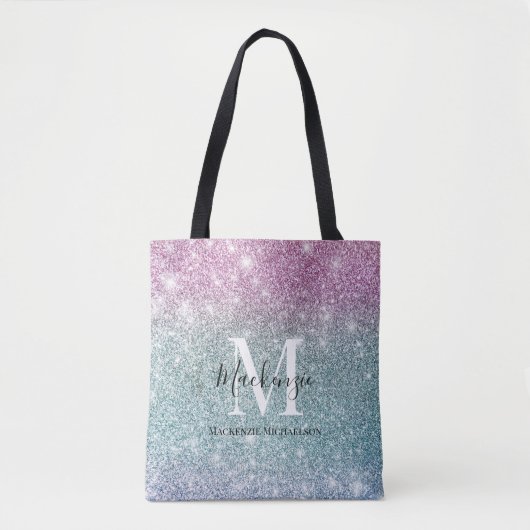 Girly Pink Blue Paars Glitter Monogram Naam Tote Bag (Voorkant)