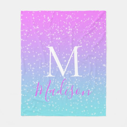 Girly Pink Blue Rainbow Star Glitter Monogram Naam Fleece Deken (Voorkant)