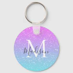 Girly Pink Blue Rainbow Star Glitter Monogram Naam Sleutelhanger