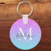 Girly Pink Blue Rainbow Star Glitter Monogram Naam Sleutelhanger (Voorkant)