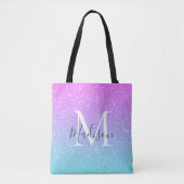 Girly Pink Blue Rainbow Star Glitter Monogram Naam Tote Bag (Voorkant)