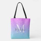 Girly Pink Blue Rainbow Star Glitter Monogram Naam Tote Bag (Achterkant)