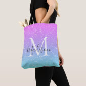 Girly Pink Blue Rainbow Star Glitter Monogram Naam Tote Bag (Dichtbij)