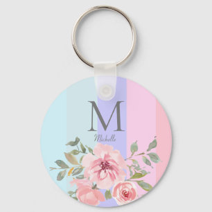 Girly Pink Blue Striped Floral Monogram Sleutelhanger