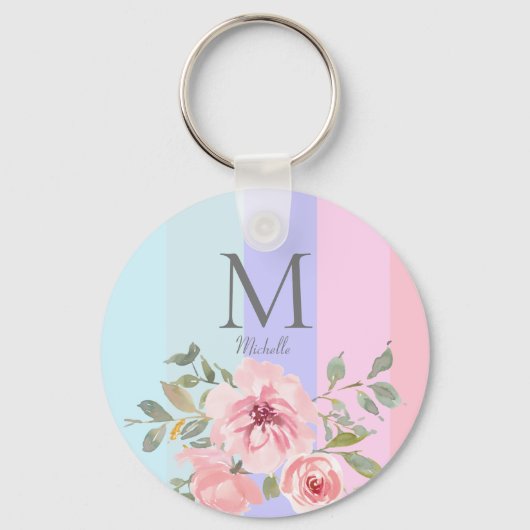 Girly Pink Blue Striped Floral Monogram Sleutelhanger (Voorkant)