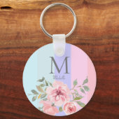 Girly Pink Blue Striped Floral Monogram Sleutelhanger (Voorkant)