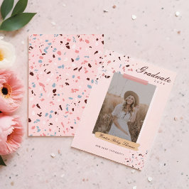 Girly Pink & Blue Terrazzo Photo Afstuderen Kaart