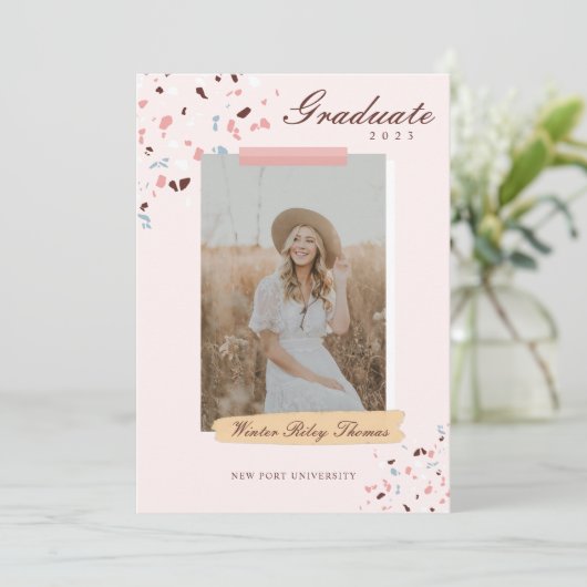 Girly Pink & Blue Terrazzo Photo Afstuderen Kaart (Staand voorkant)