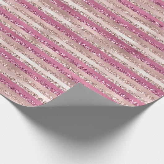 Girly Pink Blush Glitter Glam Stripes Cadeaupapier (Hoek)