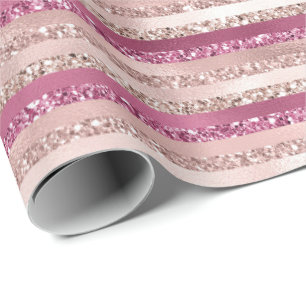 Girly Pink Blush Glitter Glam Stripes Cadeaupapier