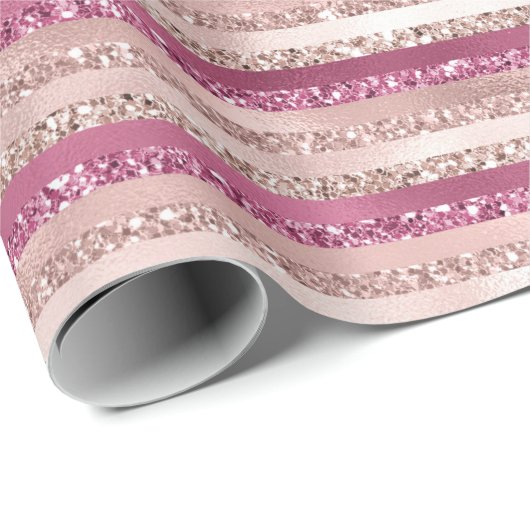 Girly Pink Blush Glitter Glam Stripes Cadeaupapier (Rol Hoek)