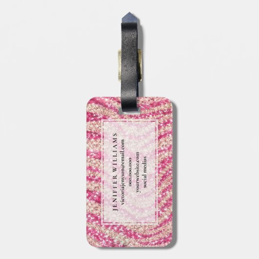 Girly Pink Blush Glitter Zebra Pattern             Bagagelabel (Achterkant verticaal)