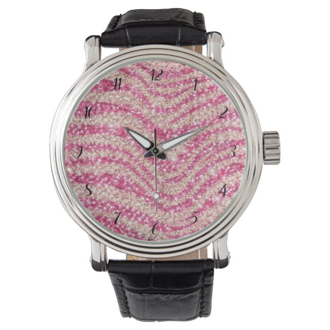 Girly Pink Blush Glitter Zebra Pattern             Horloge (Voorkant)