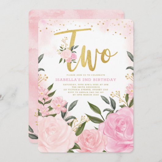 Girly Pink Blush Gold Rozen Greenery 2e Verjaardag Kaart (Voorkant / Achterkant)
