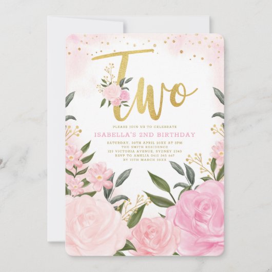 Girly Pink Blush Gold Rozen Greenery 2e Verjaardag Kaart (Voorkant)