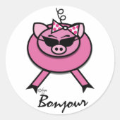 Girly Pink Bonjour Pig Round Sticker (Voorkant)