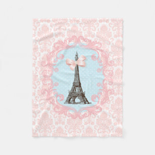 Girly Pink Bow Eiffel Tower Franse Damask Fleece Deken