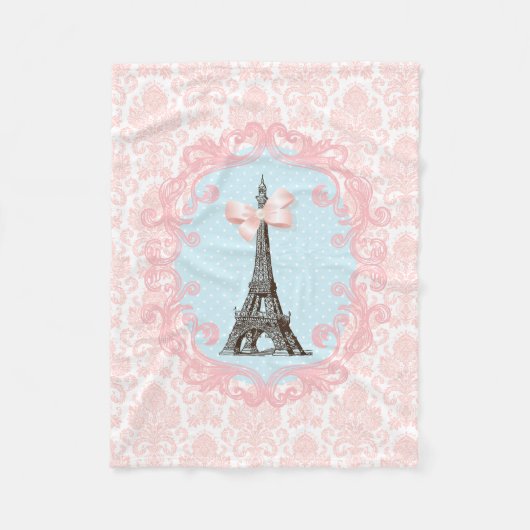Girly Pink Bow Eiffel Tower  Franse Damask Fleece Deken (Voorkant)